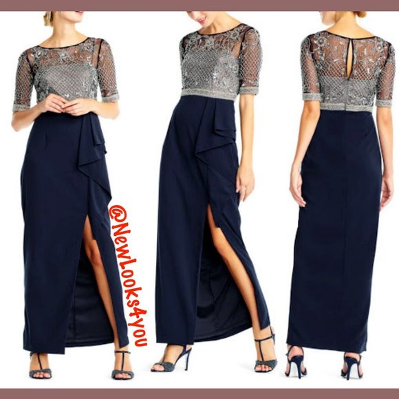 NEW Adrianna Papell Beaded Cascading Ruffle Gown in Midnight Blue‎ [SZ 4 4P ] - Picture 2 of 11